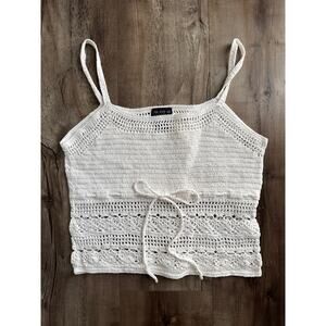 Vintage One Step Up White Crochet Knit Crop Cami Top Size L (Fits like a Small)